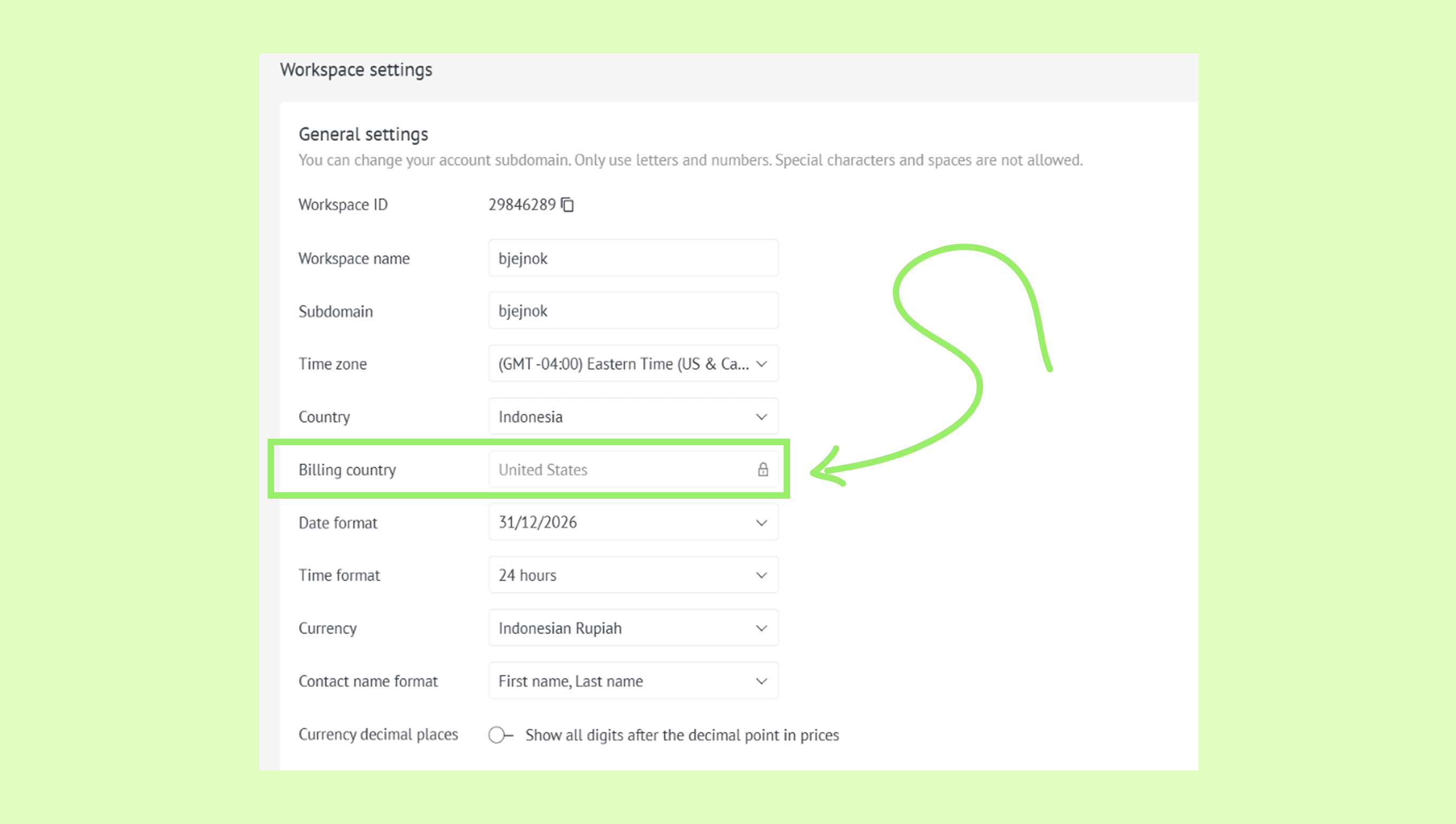 Workspace settings showing the Billing country field with the selected country and lock icon highlighted.